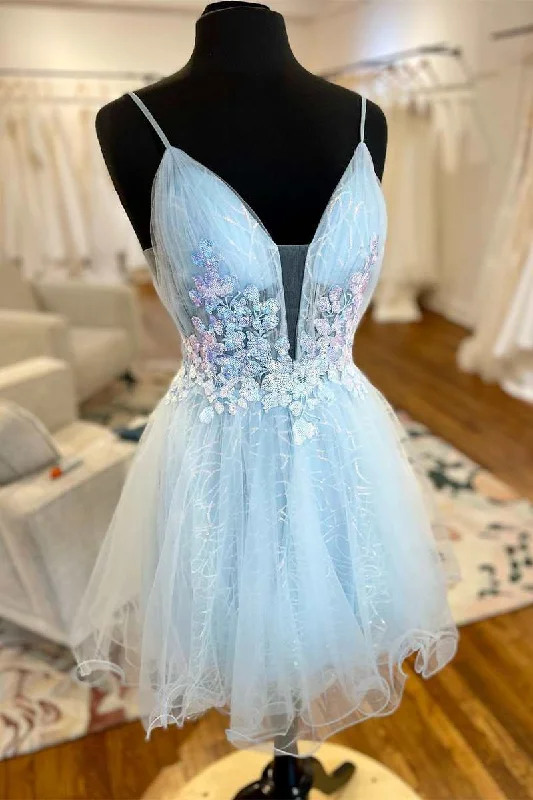 shift dressLight Blue Tulle Open Back A-Line Short Party Dress