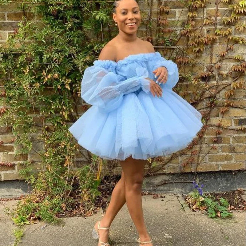 ashionable dressPrincess Ball Gown Homecoming Dresses for Black Girls Off Shoulder Long Sleeve Tulle Short Prom Birthday Party Gowns Bespoke