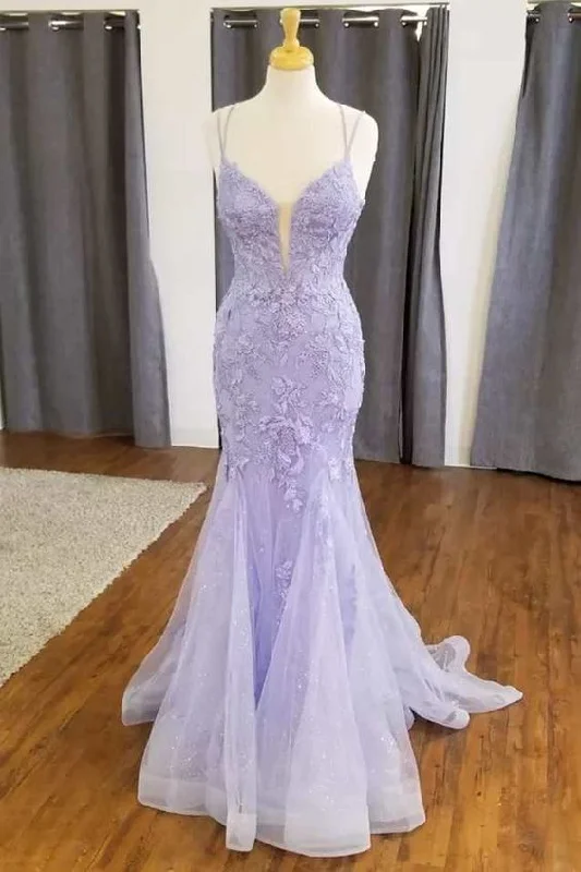Act Now ashionable dressMermaid Lavender Floral Lace Straps Long Prom Dress Y6757