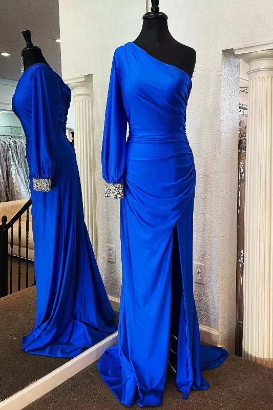 elegant evening dressMermaid One Shoulder Long Sleeve Royal Blue Party Dress