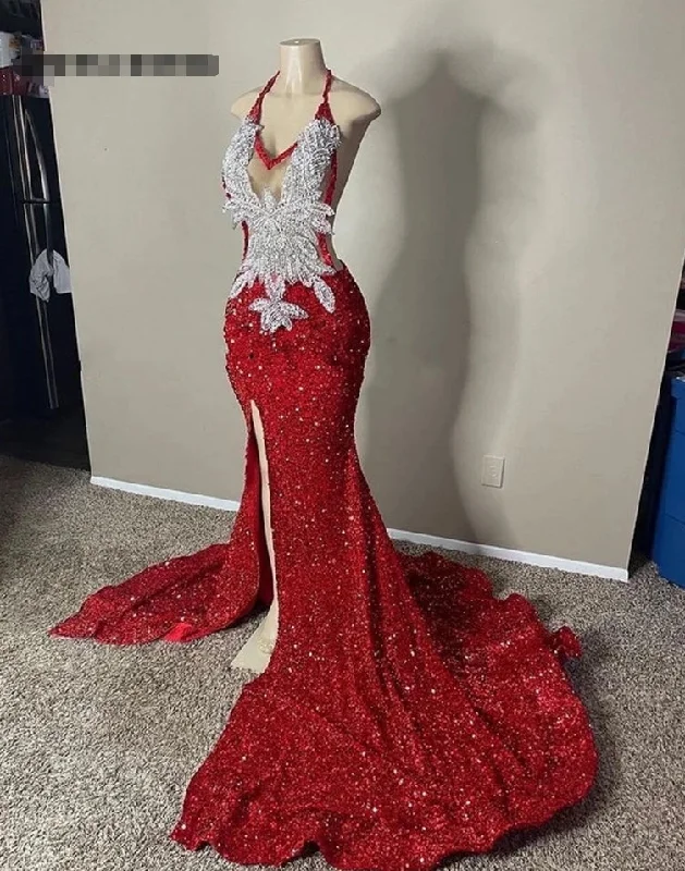 high-waisted dressSliver Appliques Red Sequin Halter Prom Dresses 2024 For Black Girls Slit Mermaid Cocktail Dress Elegant Formal Occasion Gowns