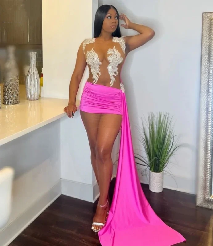 Can't Miss elegant maxi dressHot Pink See Through Cocktail Dresses For Women Party Beading Applique Short Prom Gowns Sheer Neck Girls Birthday Dress