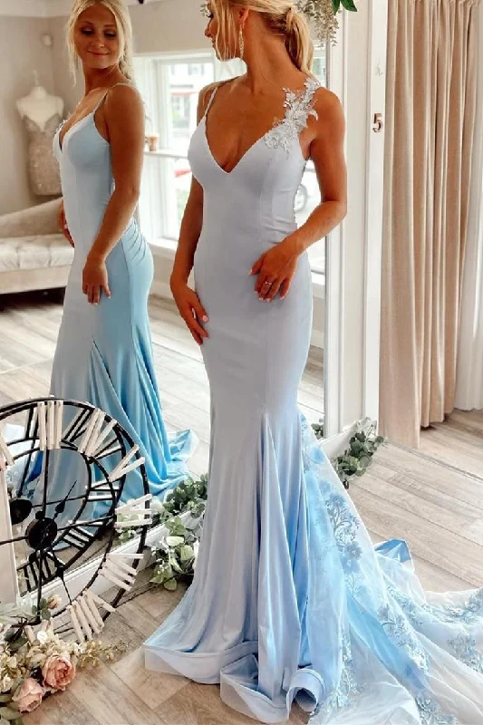 fitted dressElegant Light Blue Mermaid Long Prom Dress