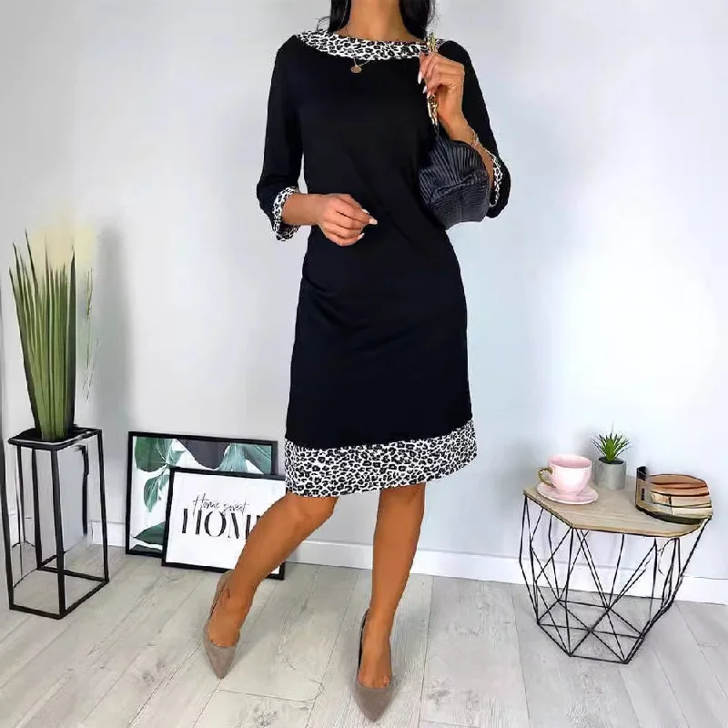 pleated dressLeopard Print Design Slim Fit Slimming Round Neck 34 Sleeve Casual Dress