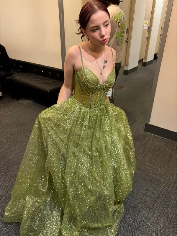 Quick Sale playful dressShiny Green Straps A-Line Tulle Long Prom Dress