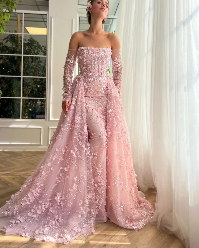 floral dressElegant 3D Flowers Pink Luxury Dubai Evening Dress with Overskirt Lilac Long Sleeves Women Wedding Party Gown