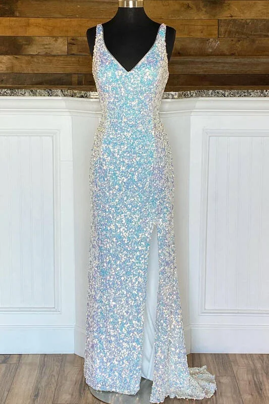 Price Blitz spaghetti strap dressSparkle Mermaid Sequined Formal Dress with Slit