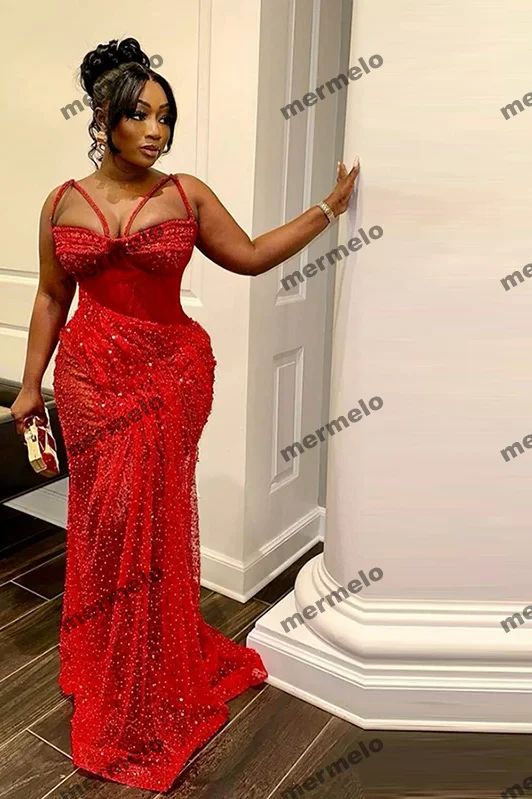 evening dressSexy Red Aso Ebi Mermaid Prom Dresses Lace Pearls Beaded Spaghetti Evening Gowns African Girls Formal Occasion Party Dress