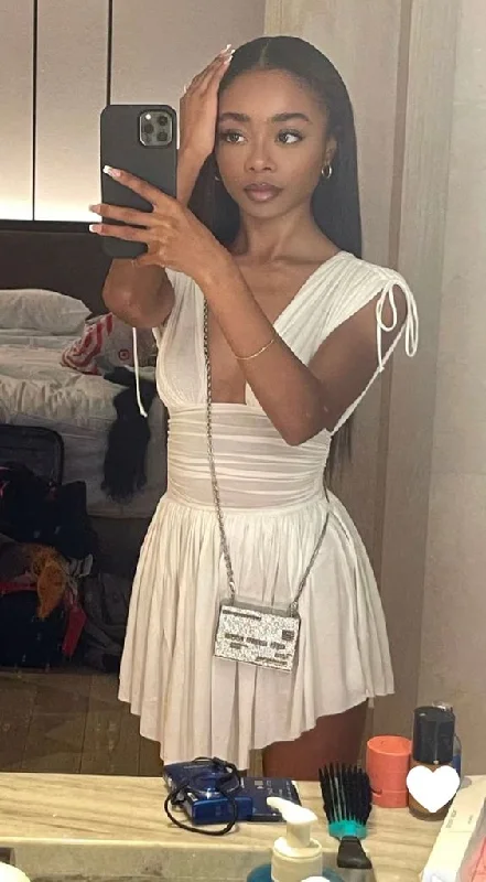 Bargain Blast fitted dressV-Neck Pleated Chiffon Mini Homecoming Dress Sleeveless Wrap Slim High Waist Party Dress Y7075