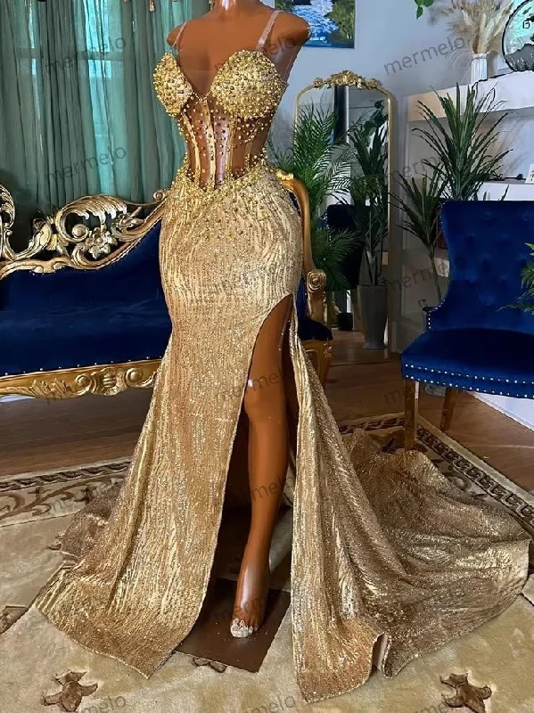 shift dressSparkly Gold Prom Dresses Spaghetti Straps Side Split Crystal Beading Pearls Evening Gowns Wedding Party Wear