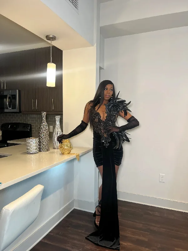 Crazy Deals vintage dressFeather Velvet Sheer Short Black Girl Prom Dress Beaded African Cocktail Dresses Women Party Gowns Birthday Homecoming