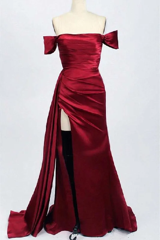 vintage-inspired dressRed Satin Off-the-Shoulder Mermaid Long Prom Dress with Slit