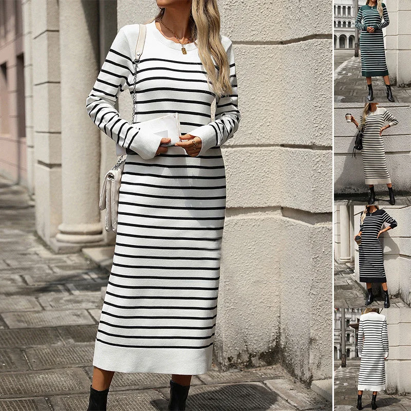 party-ready dressSlim Striped Printed Long Dress Fashion Autumn And Winter Long Sleeve Dresses For Womens Clothing