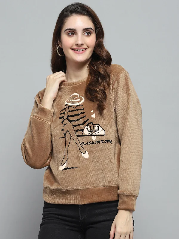 Seasonal Sale gym ready hoodieWomen Khaki Printed Round Neck Full Sleeve Sweatshirt