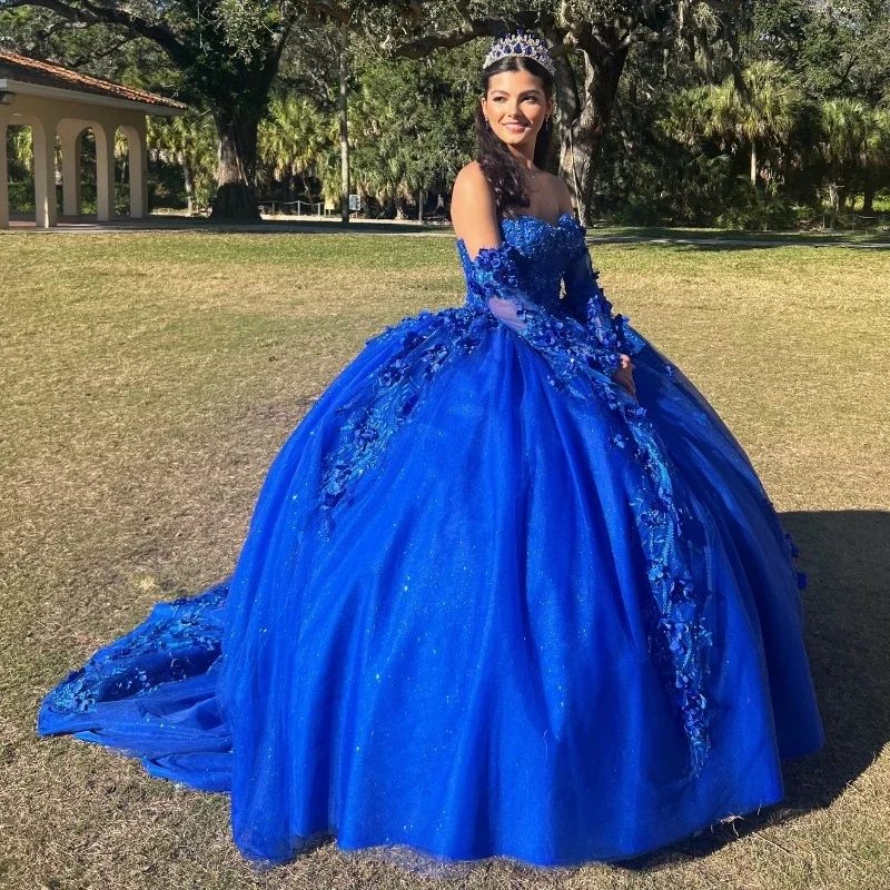 silk dressBlue Shiny Ball Gown Prom Dress Quinceanera Dress Sweetheart Beaded 3DFlowers Applique Lace Long Sleeved Formal Dresses vestidos