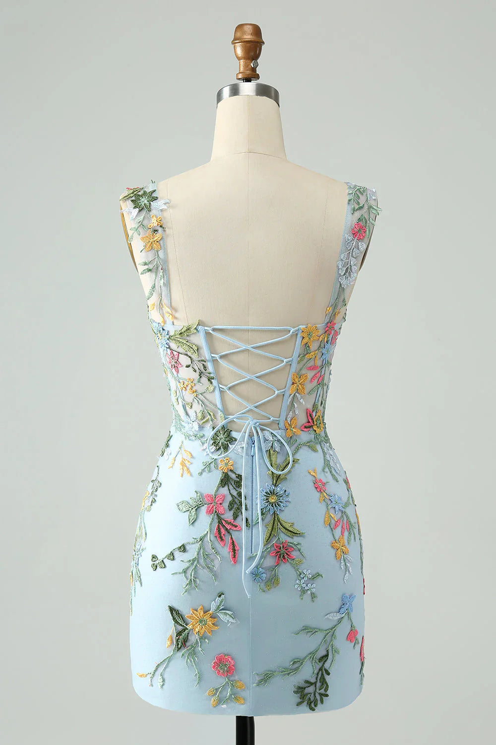 vintage dressBlue Floral of the Shoulder Corset Short Homecoming Dress with Embroidery