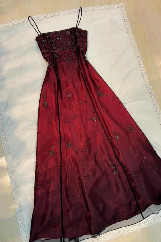 high-waisted dressVintage Burgundy Tulle Beaded A Line Prom Dress Evening Dress Y7684