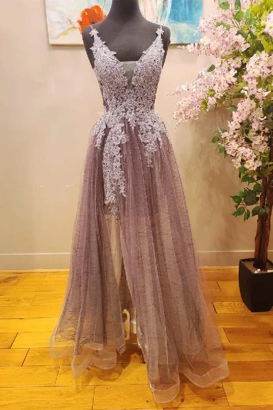 sleeveless dressMauve Tulle Lace Plunge V A-Line Prom Dress with Slit