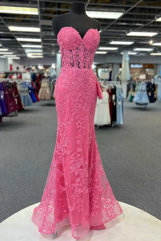 minimalistic dressHot Pink Appliques Strapless Mermaid Long Prom Dress