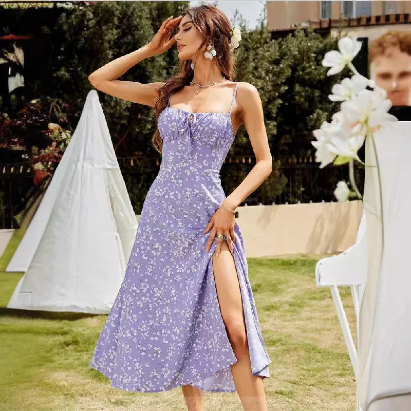 Friends and Family Sale luxury dressSpaghetti-strap Floral Print Bottom Slit Dress