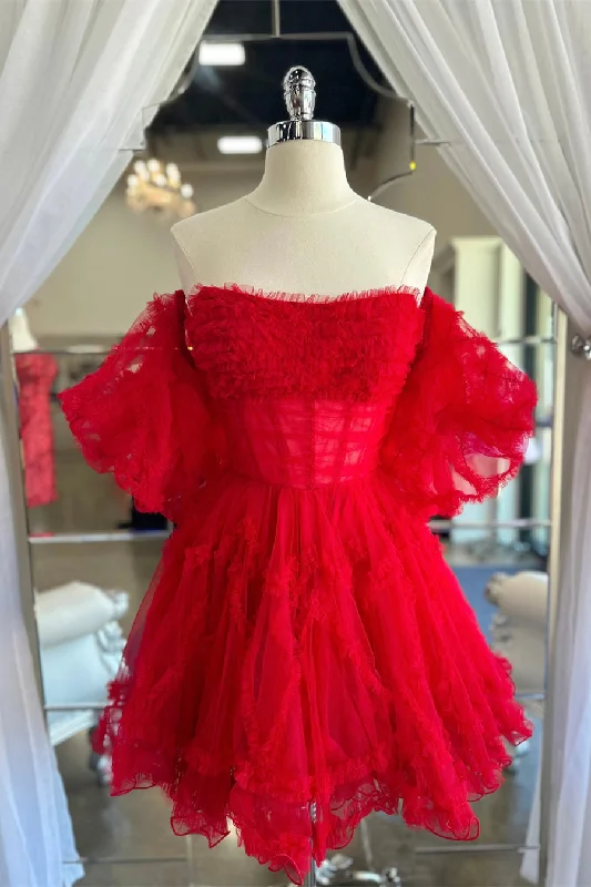 flowy maxi dressRed Tulle Puff Sleeves Ruffles Tulle Homecoming Dress