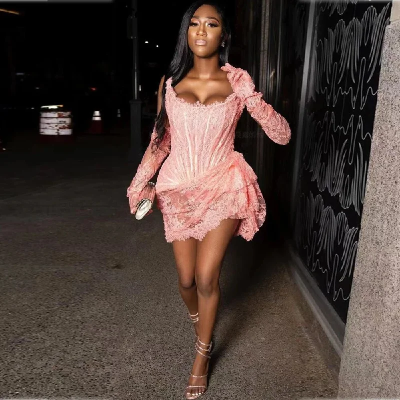 Extra Discounts oversized dressPink Romantic Lace Sexy Prom Dresses With Glove Black Girl Mermaid Homecoming Gowns Lace-Up Birthday Party Gown Strapless