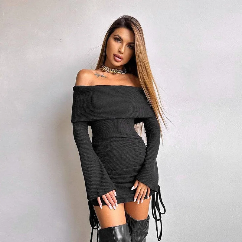 Don't Miss flowy maxi dressSlim-fit Off-shoulder Drawstring Bag Hip Dress Women