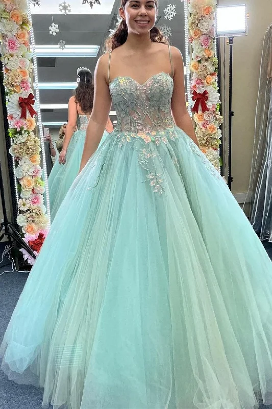 v-neck dressStraps Sage Green Tulle Floral Embroidery Long Prom Gown