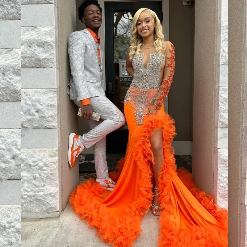 Final Markdown A-line dressLuxury Split Orange Prom Dresses 2024 Black Girl Beading African Women Pageant Party Gowns One Shoulder Vestido De Graduación