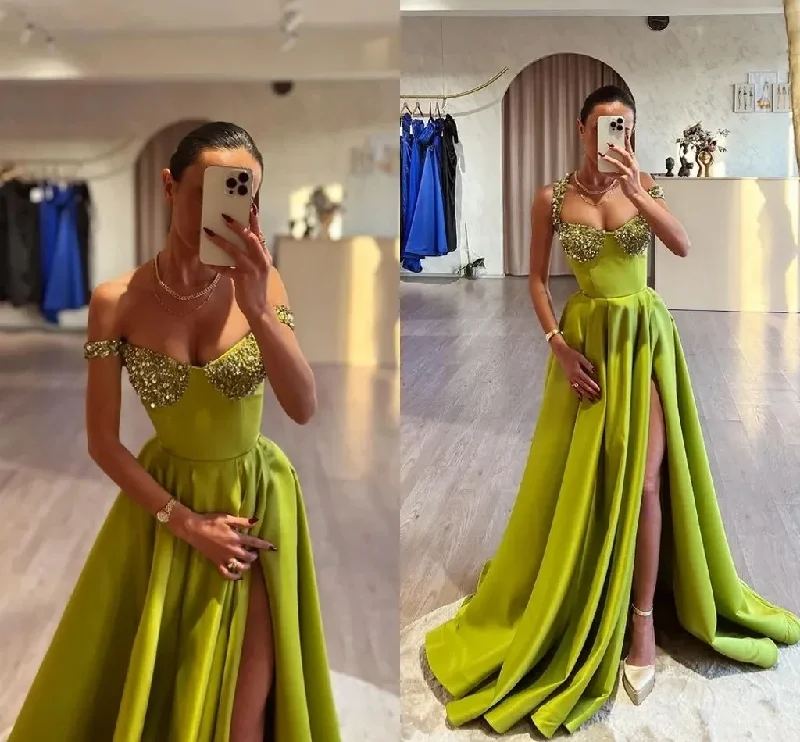 Deal Mania casual shift dressSexy Green A Line Prom Dresses Long for Women Halter Neck Sequined Floor Length High Side Split Birthday Pageant Celebrity Dress