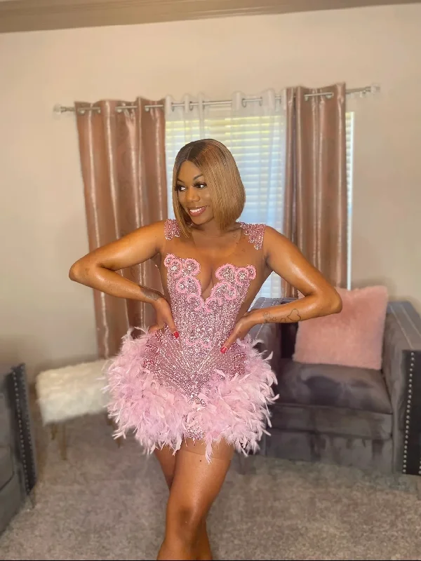 Markdowns sleek midi dressFeather Pink See Through Short Black Girl Prom Dresses Beaded African Cocktail Dresses Women Party Gowns Birthday Homecoming