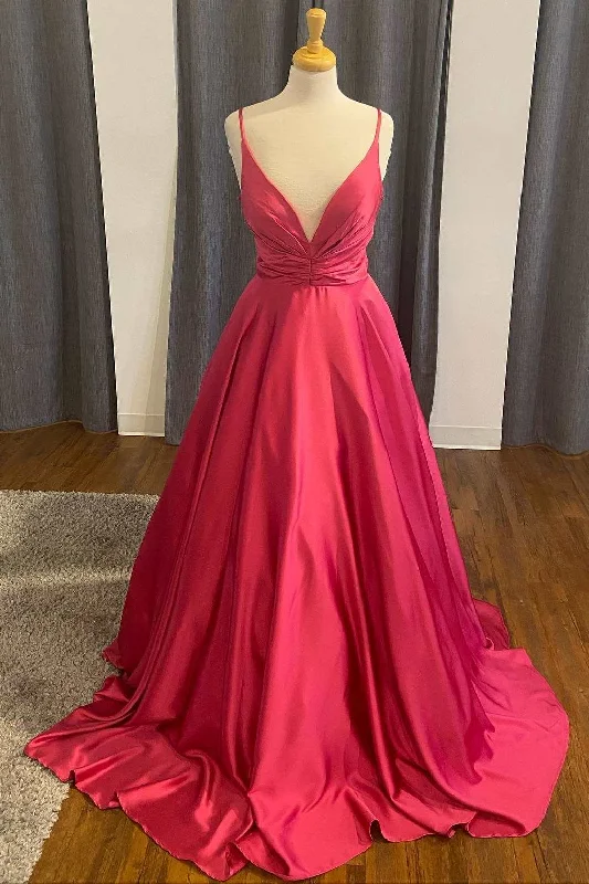 satin dressA-Line Red Satin Plunge Neck Long Formal Dress