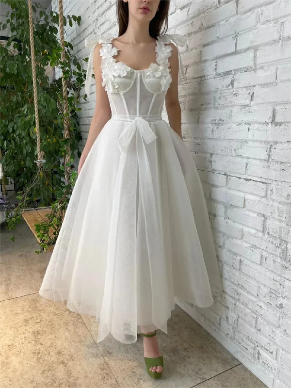 pleated maxi dressSpaghetti Straps 3D Flower Strapless Homecoming Dress With Teens Sleeveless Backless Formal Evening A-line Tea-length Ball Gowns