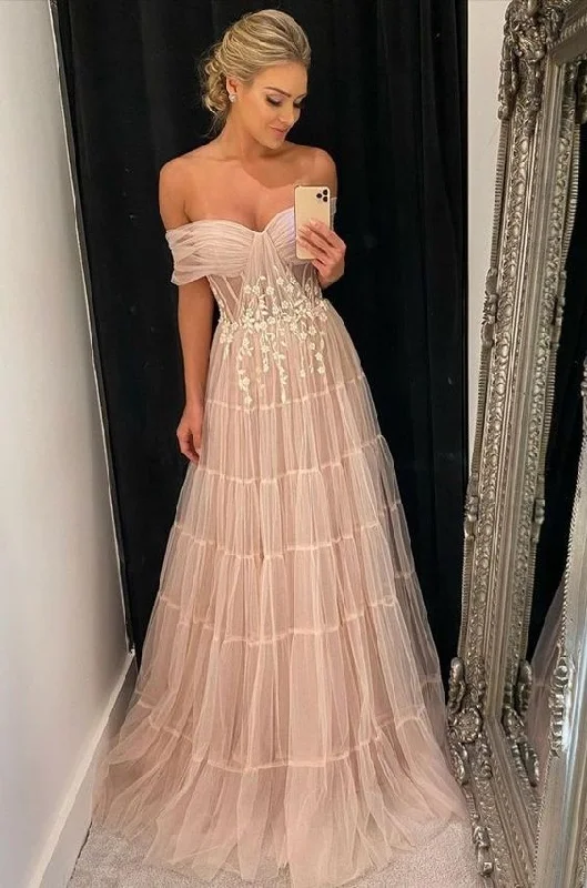 Best Bargains off-shoulder dressElegant Off The Shoulder Pink Tulle Prom Dress,Pink Formal Gown Y7058