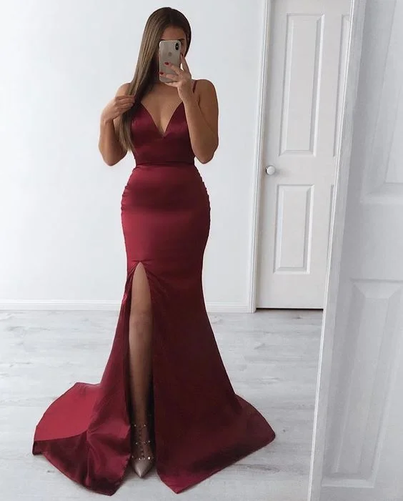 Super Deal fitted cocktail dressCharming Burgundy V Neck Mermaid Prom Dress With Split Y7049