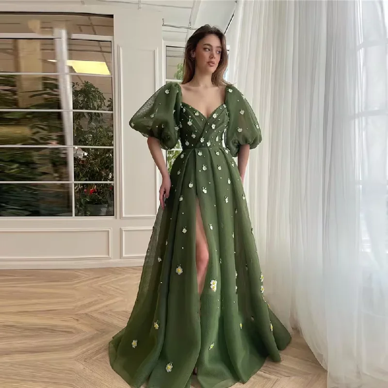 flowy evening dressSweet Princess Evening dress Grass green puffs sleeve Sweetheart 3D Slit A line floor-length ball birthday dress فستان حفلات الز