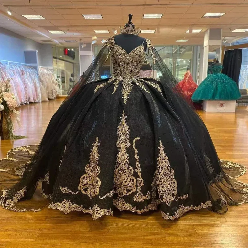 Great Deals lace dressGorgeous Black Quinceanera Dresses Gold Applique Ball Gown Princess Birthday Party Sweet 16 vestidos de 15 With Cape Gothic Great Deals lace dressGorgeous Black Quinceanera Dresses Gold Applique Ball Gown Princess Birthday Party Sweet 16 vestidos de 15 With Cape Gothic