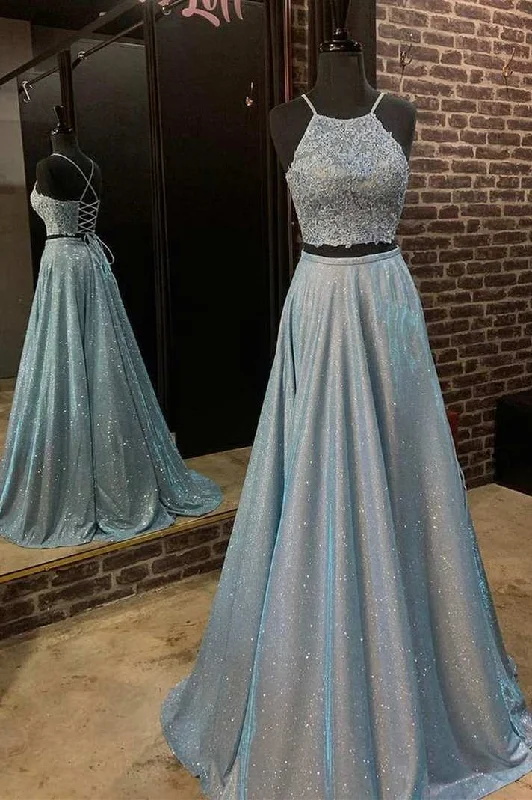 Unmissable Offer one-shoulder dressTwo Piece Blue Long Formal Dress with Lace Top
