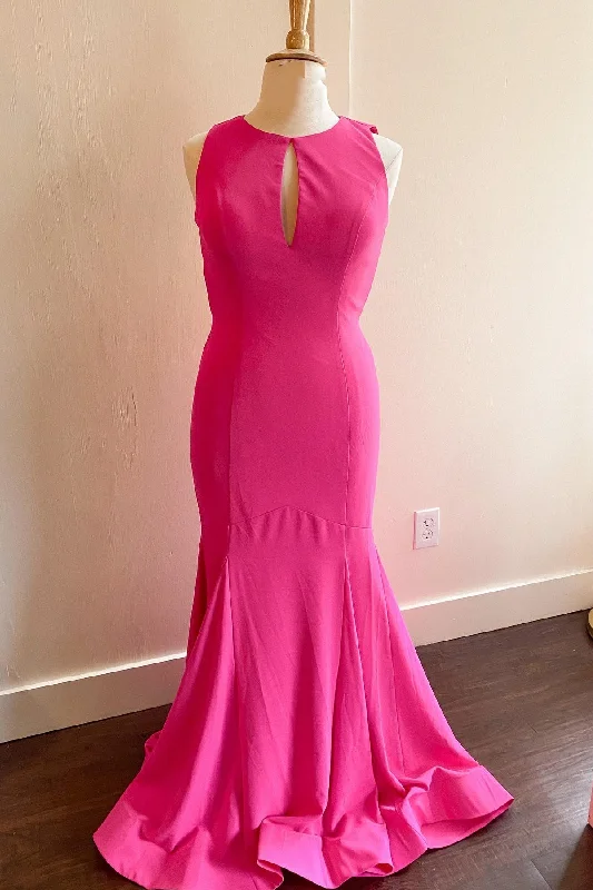 flowy evening dressHot Pink Mermaid Long Formal Dress with Open Back