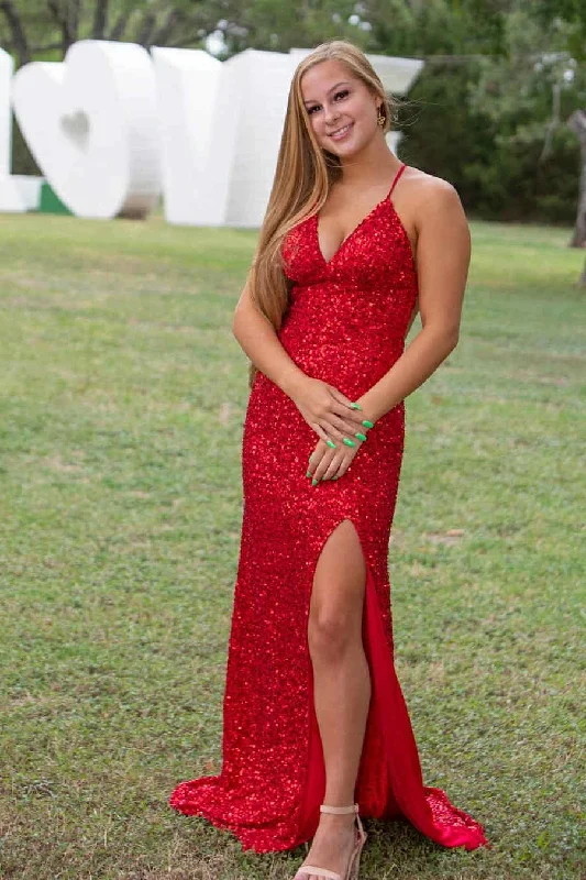 Shop and Save high-waisted dressStraps Red Sqeuins Long Prom Dress with Slit