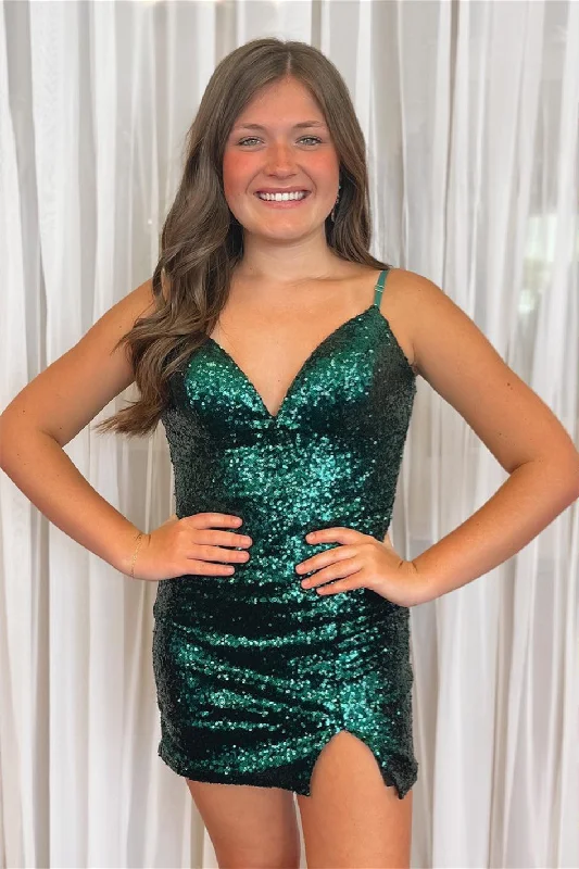 minimalistic dressDark Green Sequins V Neck Straps Sheath Homecoming Dress