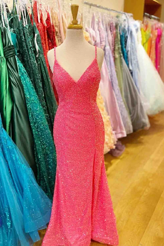 casual shift dressHot Pink Mermaid V Neck Sequins Crossed Back Long Prom Dress with Slit