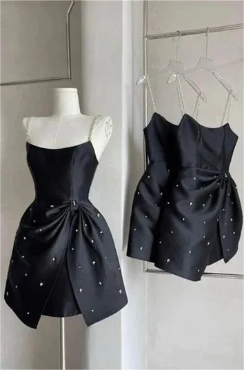 knit dressChic Black Short Prom Dress Satin Dress Homecoming Dress With Beaded Y7654