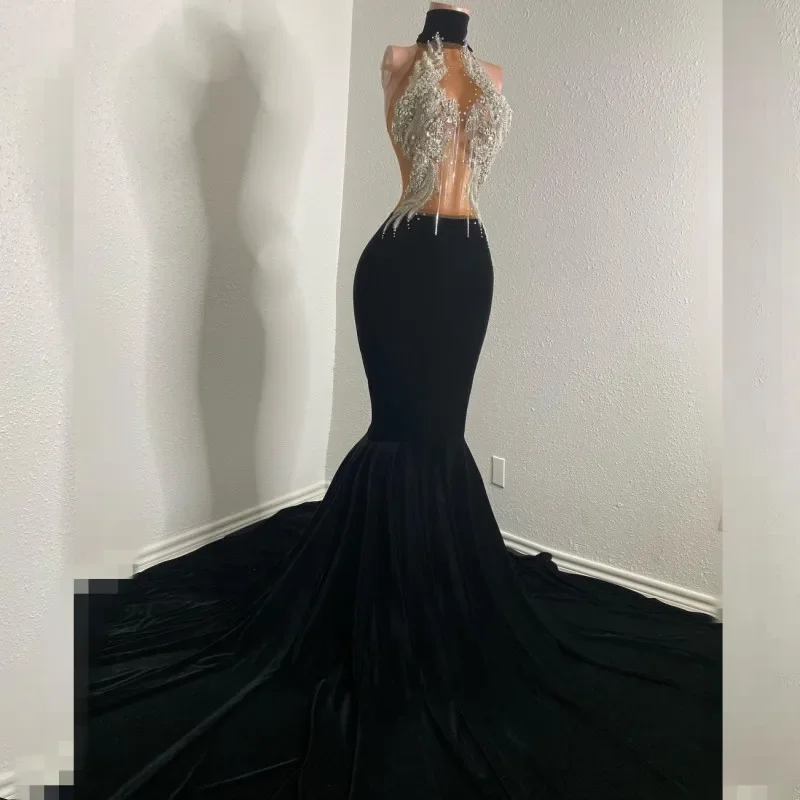 Massive Deals sleeveless dressSexy See Through Mermaid Prom Dresses 2024 Blackgirl Crystal Velvet Mermaid Party Gowns African Women Vestidos De Festa