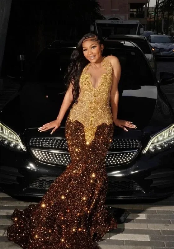 Final Sale casual evening dressChocolate Brown Sequin Gold Crystal Beading Prom Dresses Mermaid Elegant Dress For Wedding Party See Through Sexy Gowns African Final Sale casual evening dressChocolate Brown Sequin Gold Crystal Beading Prom Dresses Mermaid Elegant Dress For Wedding Party See Through Sexy Gowns African