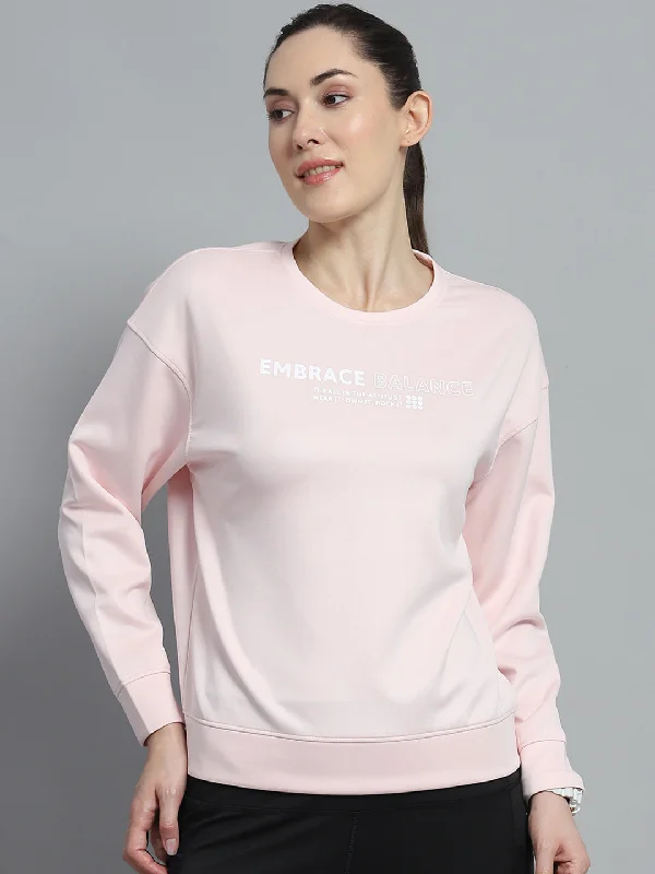 Holiday Sale fitness hoodie for trainingWomen Pink Printed Round Neck Full Sleeve Sweatshirt