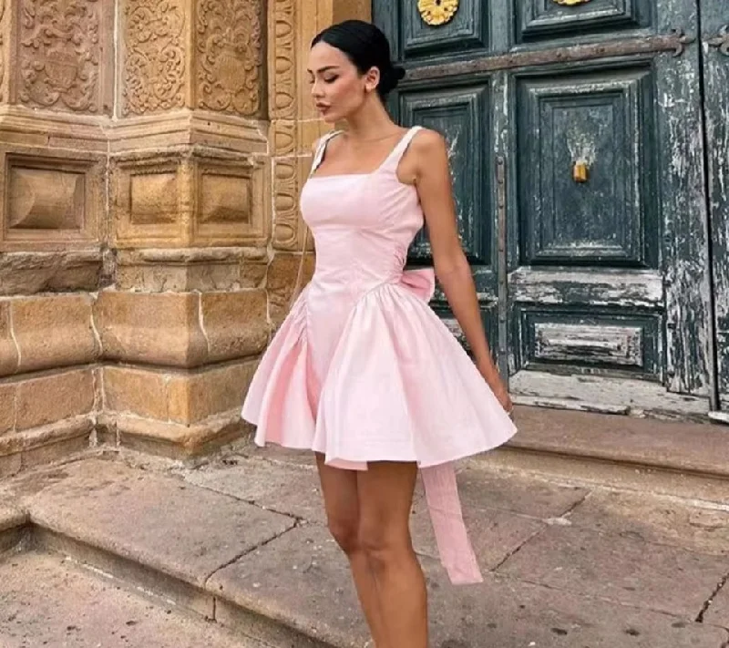 casual midi dressShort Satin Graduation Party Dress Pink Straps Sleeveless Homecoming Dresses Sexy Blackless With Bow Cocktail Prom Gowns