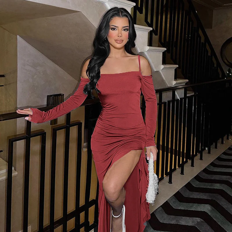 Steals and Deals bodycon dressFashion Off-shoulder Split Dress Women