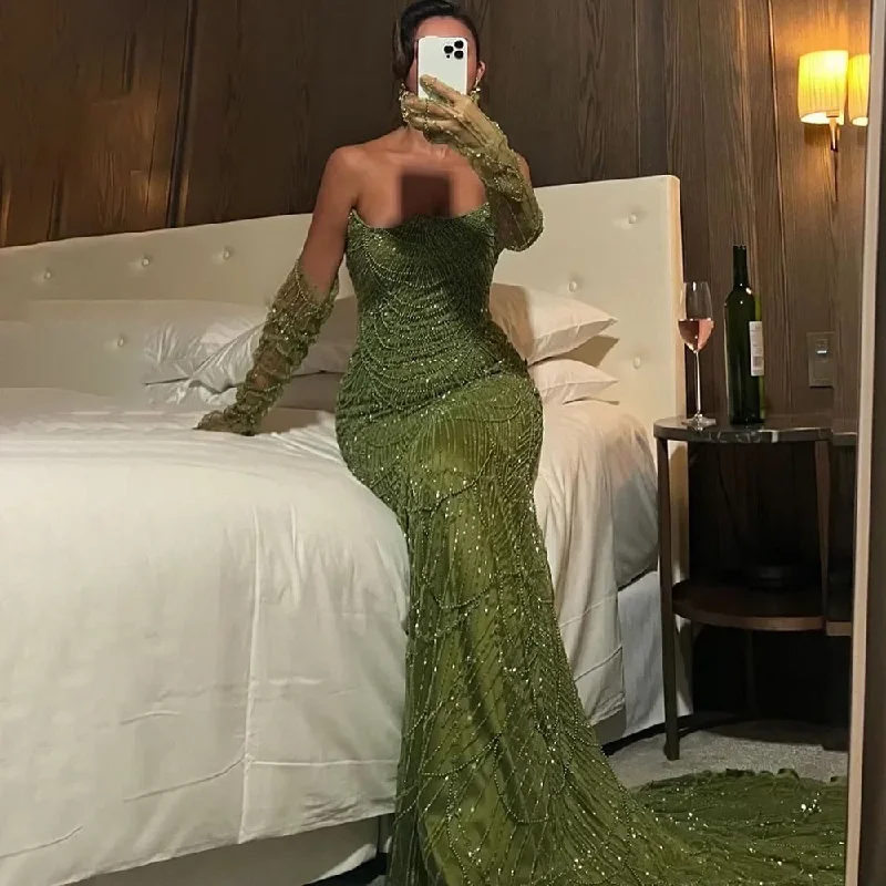 Price Rollback statement dressDubai Luxury Olive Green Beaded Mermaid Evening Dress 2024 Sexy Strapless With Gloves For Women Party Gown Price Rollback statement dressDubai Luxury Olive Green Beaded Mermaid Evening Dress 2024 Sexy Strapless With Gloves For Women Party Gown