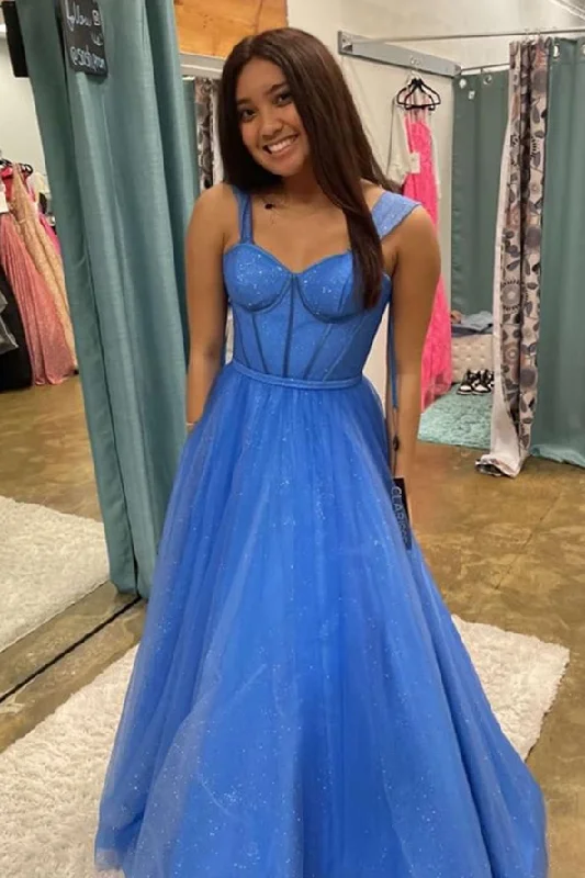 sleeveless dressSparkly Blue Jay Straps Tulle Long Prom Dress